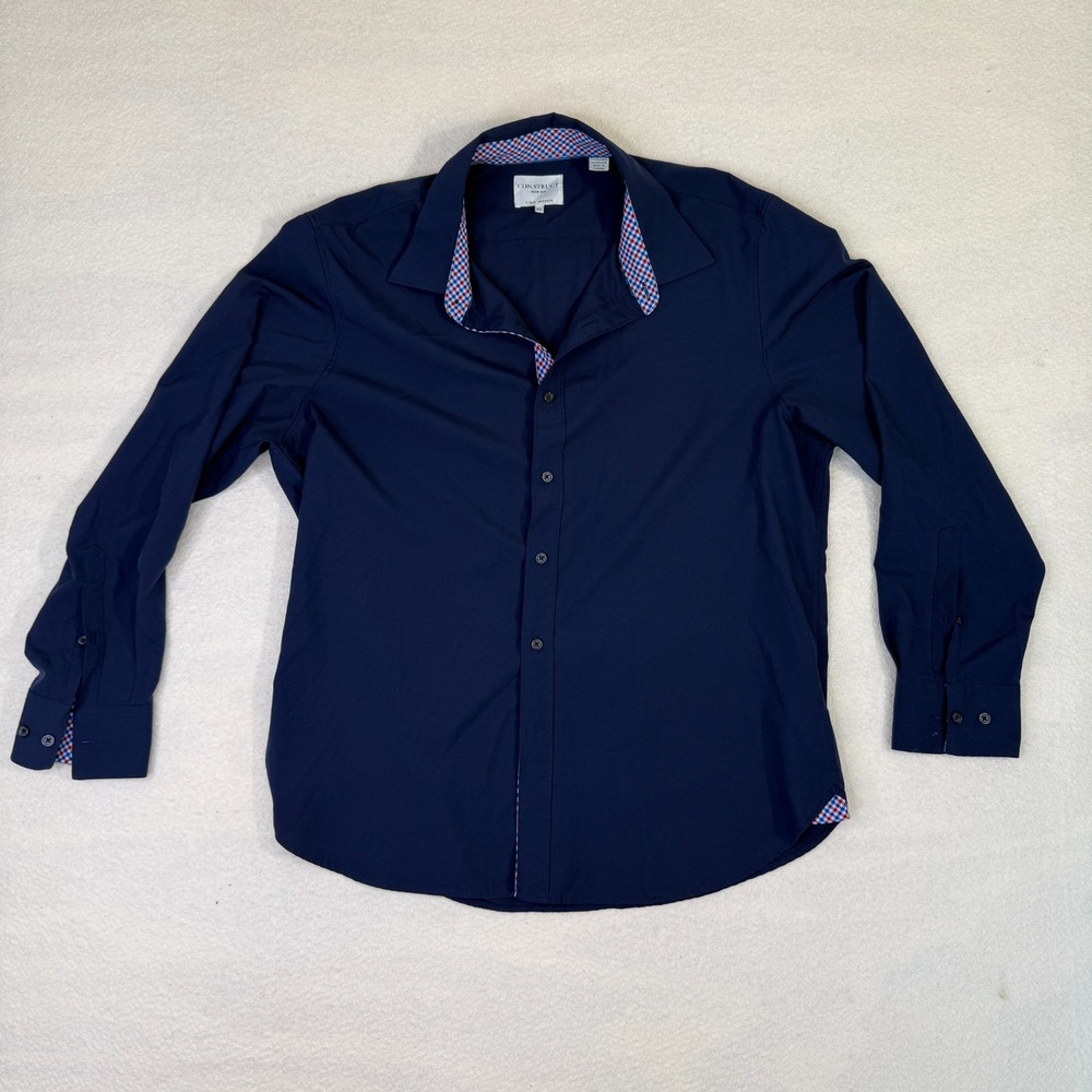 Construct Men's Slim Fit Stretch Navy Blue Long Sleeve Button Up Dress Shirt XL